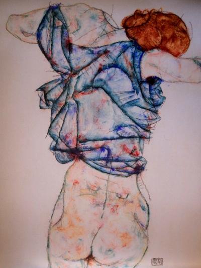 Affiche Egon Schiele - Nu au déshabillé bleu