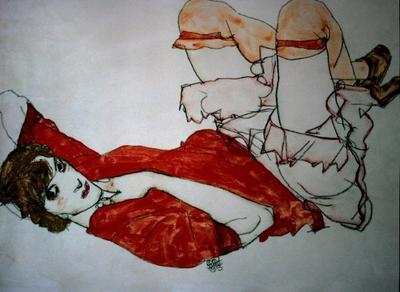 Egon Schiele Art Print - Wally knees lifted up in a red blouse