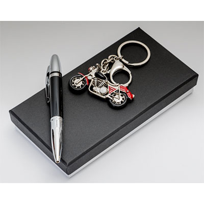 Ballpoint pen and key ring motorcycle