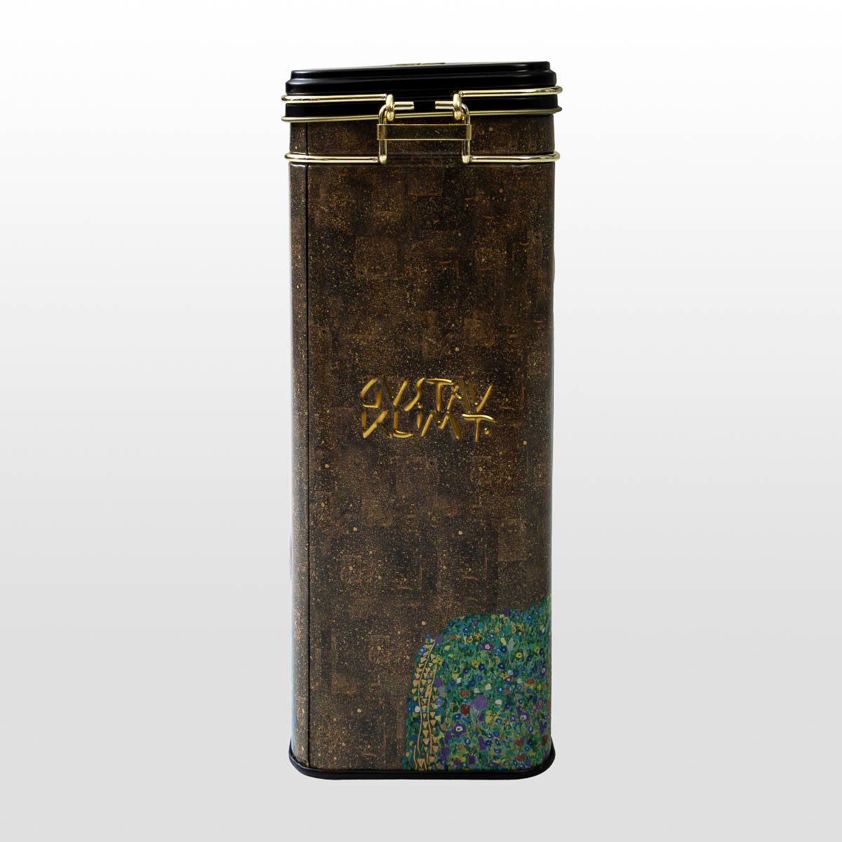 Gustav Klimt airtight coffee tin: The Kiss (left side view)