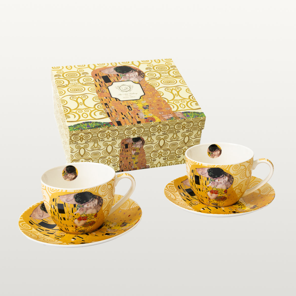 Gustav Klimt set of 2 Tea cups and saucers : The Kiss (on Tree of Life background, Light)