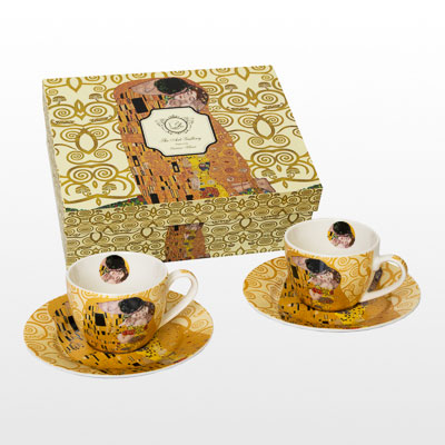 Dúo de tazas Espresso Gustav Klimt : El Beso (sobre el fondo del Árbol de la Vida, Claro)