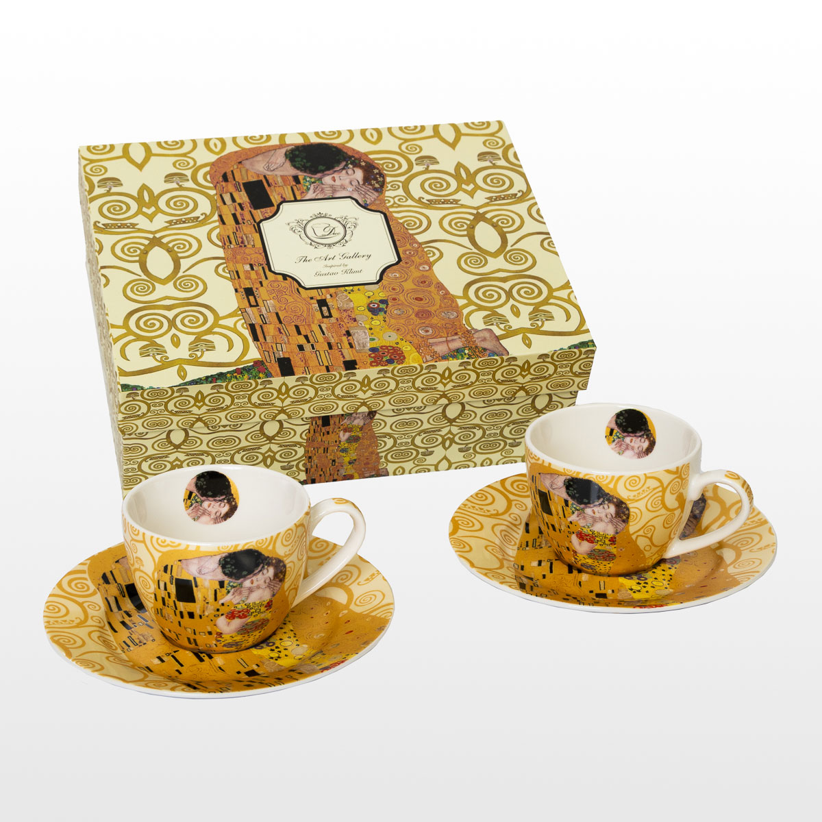 Gustav Klimt set of 2 espresso cups and saucers : The Kiss (on Tree of Life background, Light)