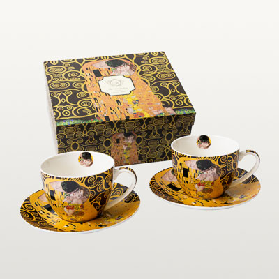 Dúo de tazas de té Gustav Klimt : El Beso (sobre el fondo del Árbol de la Vida, Oscuro)