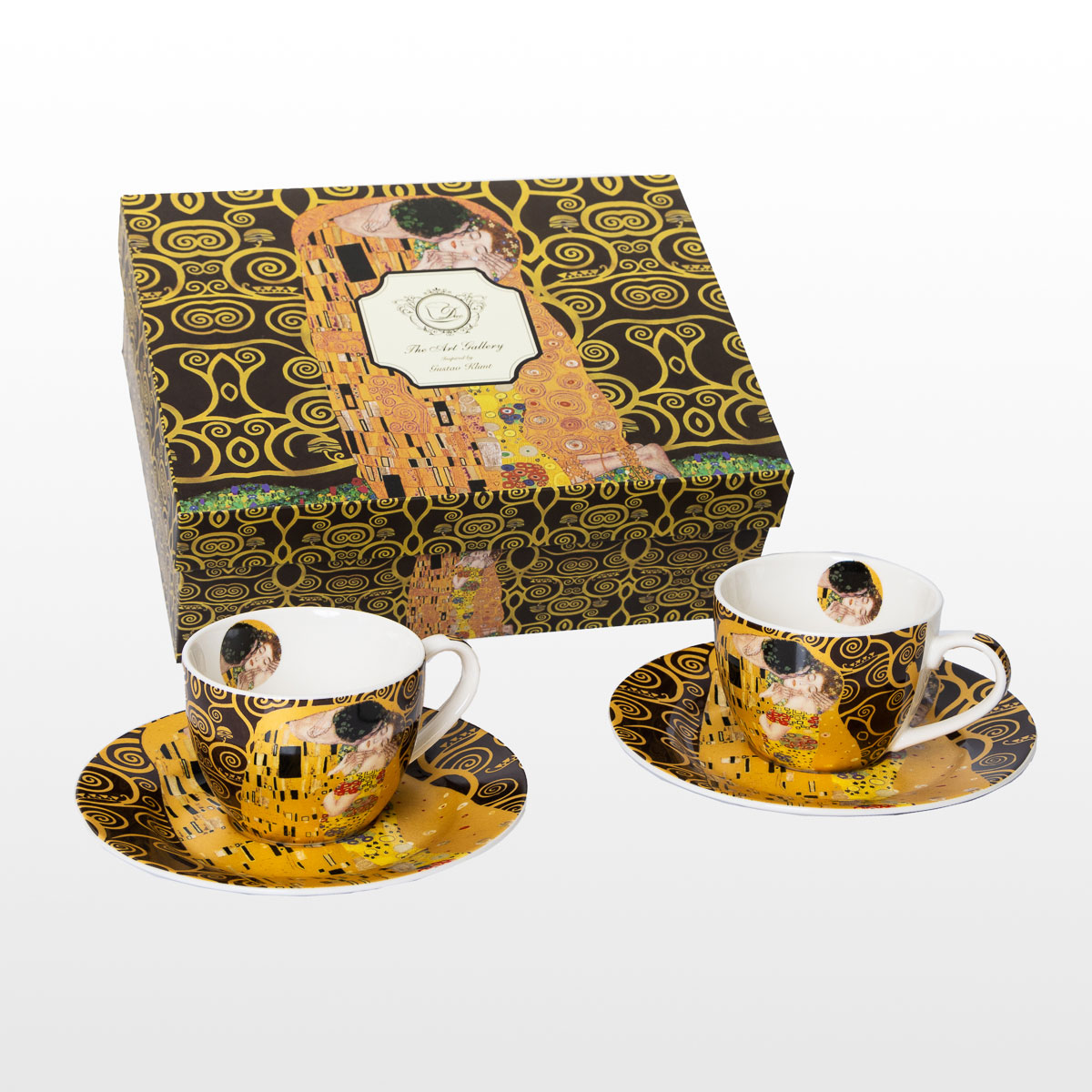 Gustav Klimt set of 2 espresso cups and saucers : The Kiss (on Tree of Life background) - Dark