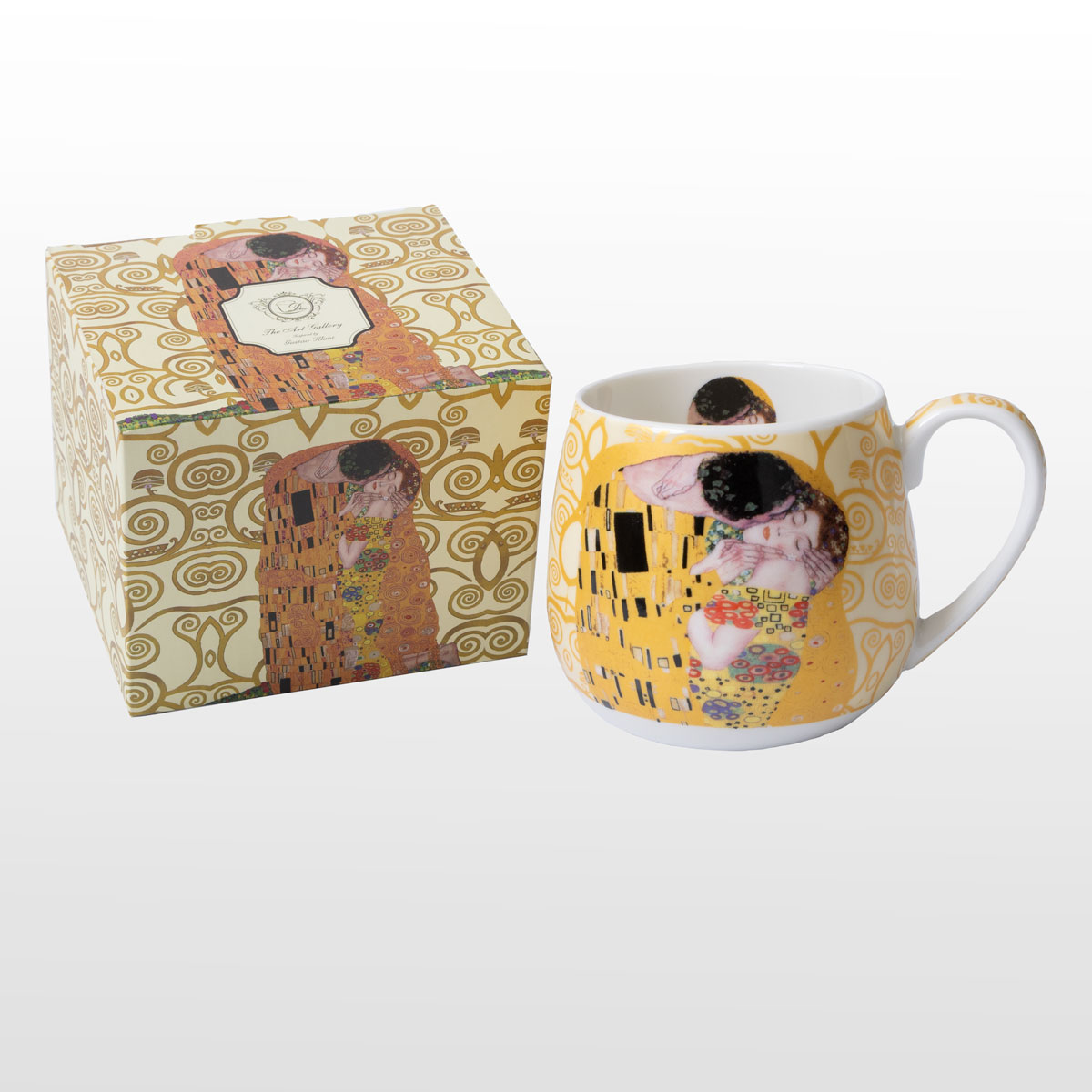 Mug snuggle en porcelaine de Gustav Klimt : Le baiser (sur fond d'Arbre de vie, clair) 