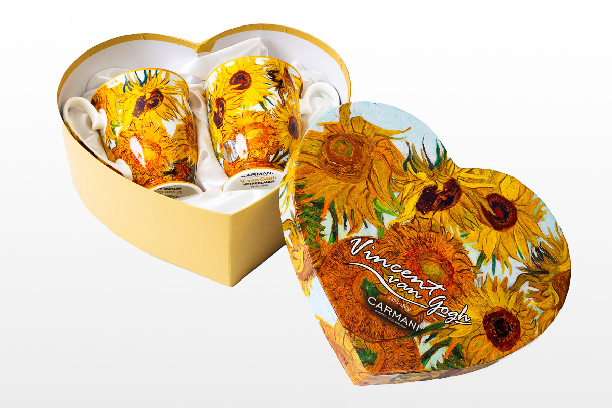 Dúo de tazas Vincent Van Gogh : Girasoles (caja corazón Carmani), detalle n°1