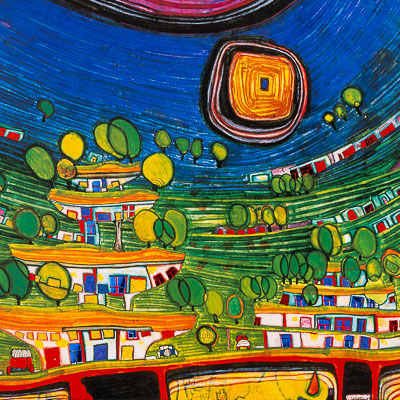 Hundertwasser Art Print - The houses are hanging underneath the meadows