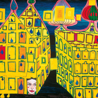 Hundertwasser Art Print - Yellow houses - It hurts to wait with love if love is somewhere else