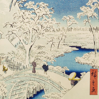 Lámina Hiroshige : El puente Taiko (tambor) y el montículo Yuhi en Meguro (1857)