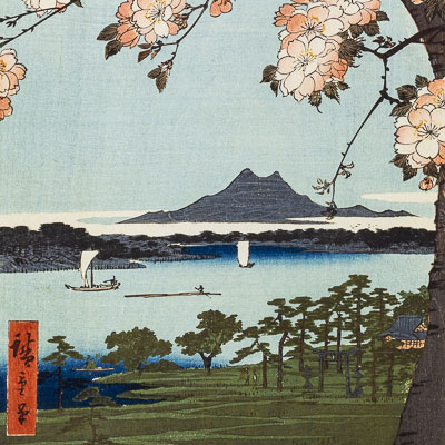 Stampa Hiroshige : Santuario della Foresta di Suijin e Masaki sul fiume Sumida (1856)
