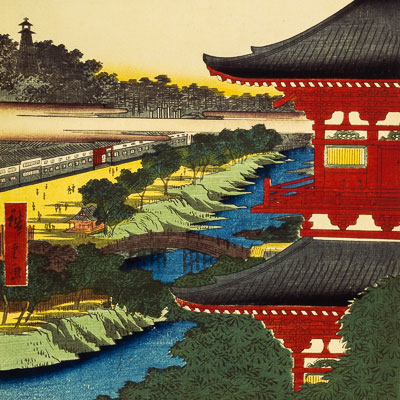 Stampa Hiroshige : La Pagoda del Tempio di Zojoji ad Akabane (1857)