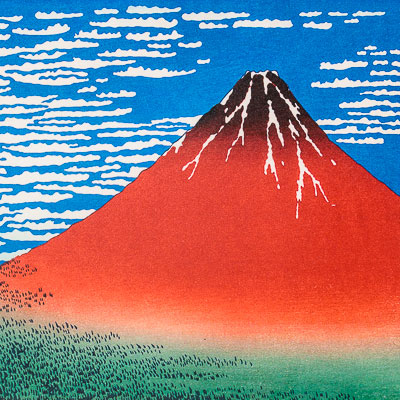 Lámina Hokusai : Viento del sur, cielo claro (Fuji rojo)