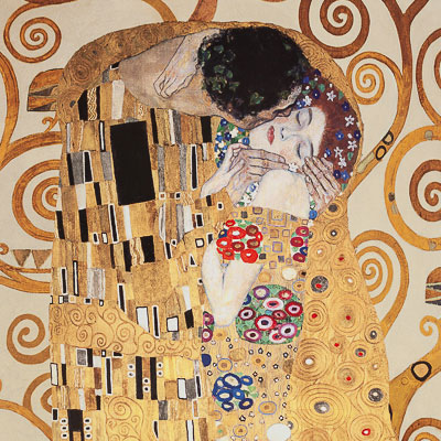Affiche Gustav Klimt - Le Baiser sur fond arbre de vie (beige, vertical)