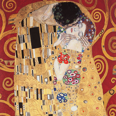 Affiche Gustav Klimt - Le Baiser sur fond arbre de vie (rouge, vertical)