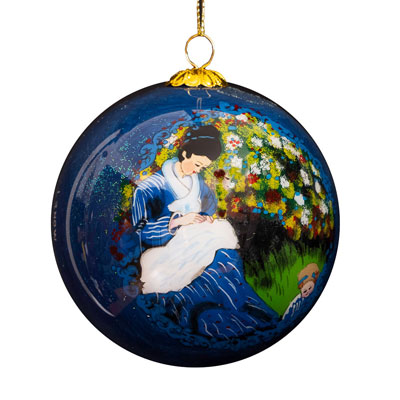 Claude Monet glass ball christmas ornament : Camille Monet with a child in the garden