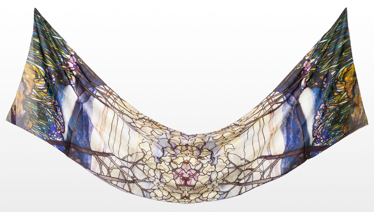 Tiffany silk Scarf - Irises and Magnolias (unfolded)