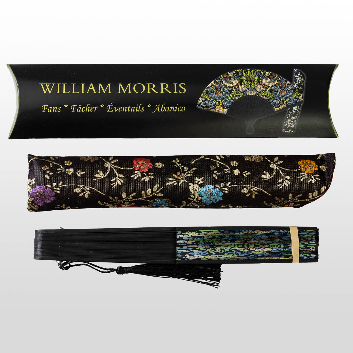Eventail en bambou William Morris : Strawberry Thief (détail 1)