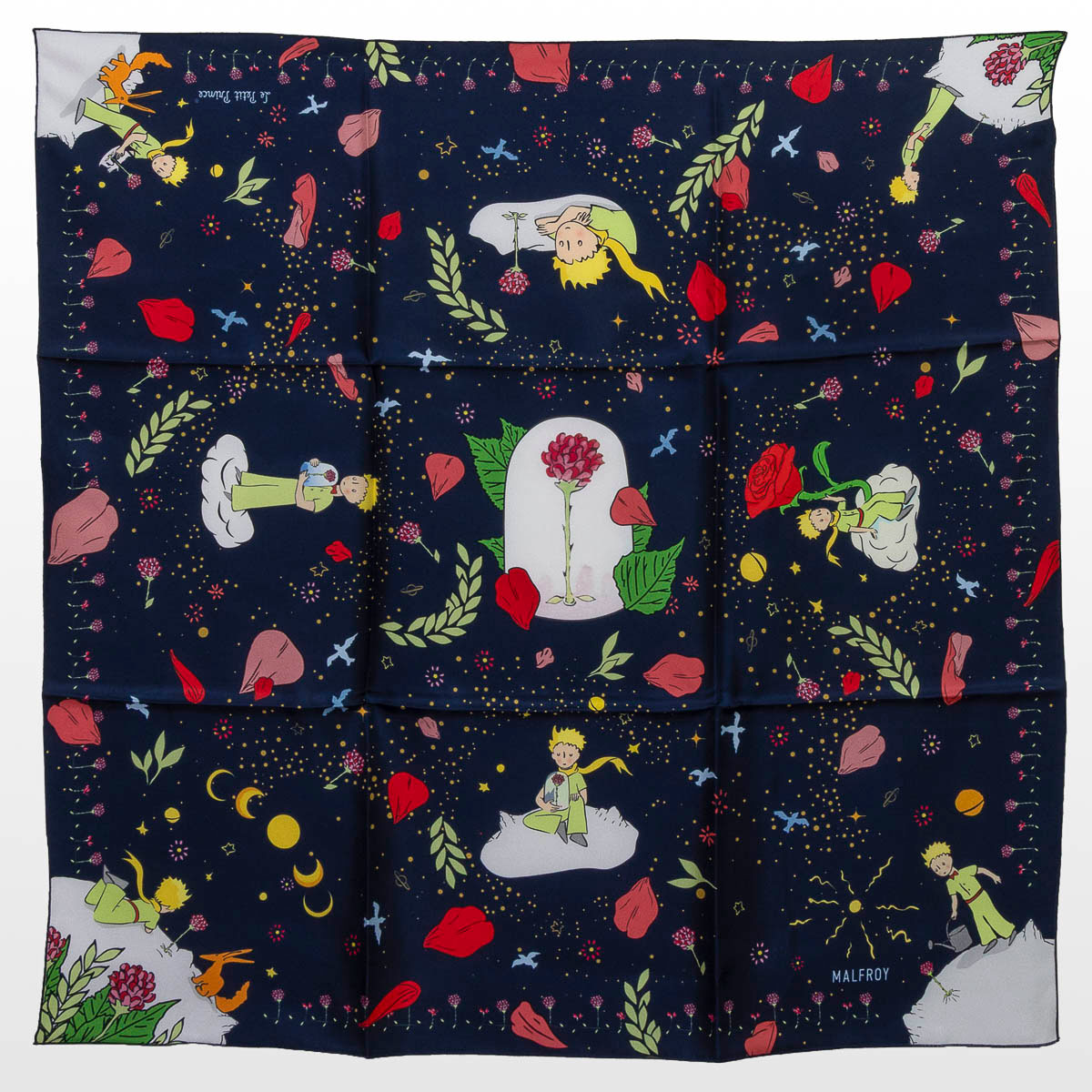 Foulard carré Saint-Exupéry : La rose du Petit Prince (déplié)