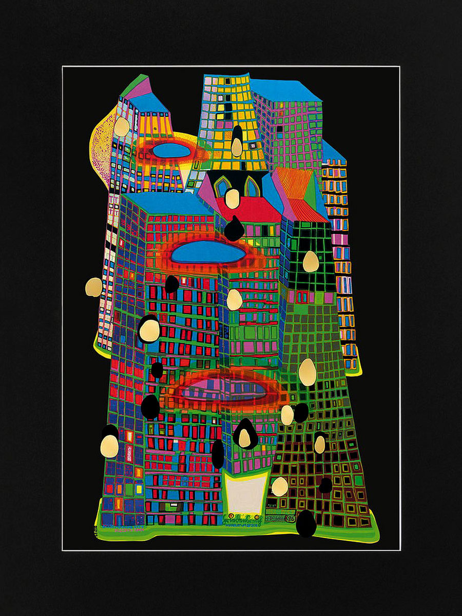 Hundertwasser Art Print - Good morning city - Bleeding town - black matting
