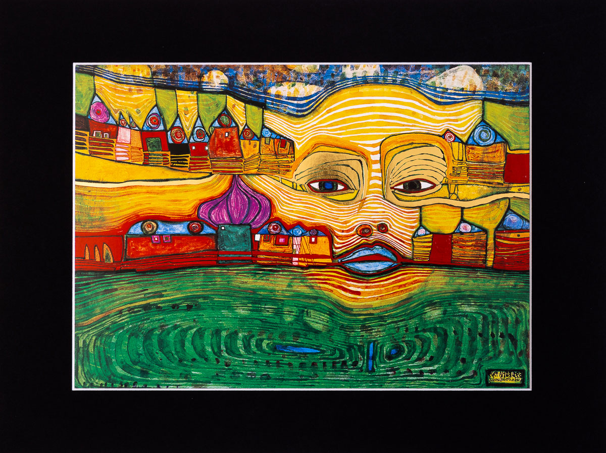 Hundertwasser Art Print - Irinaland over the Balkans - Framed 40 x30 cm