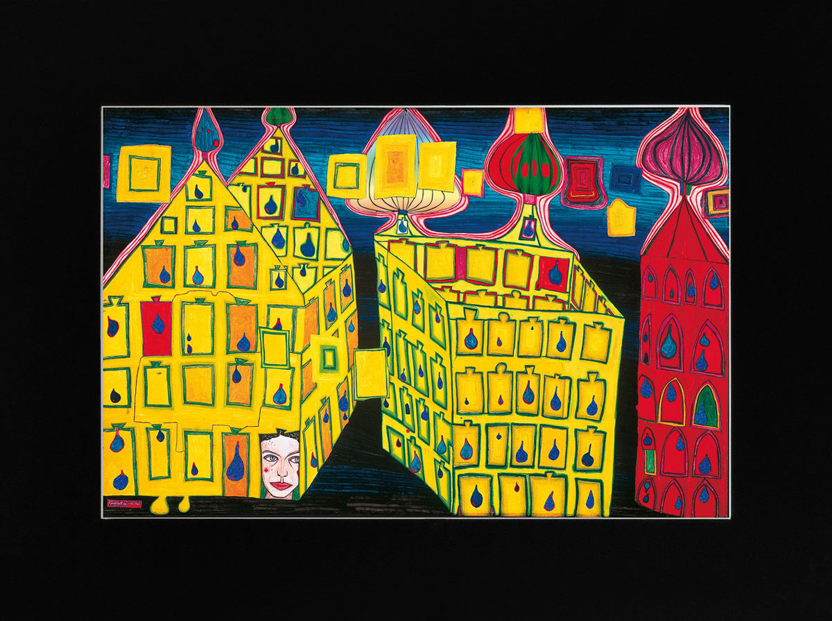 Hundertwasser Art Print - Yellow houses - It hurts to wait with love if love is somewhere else - black matting