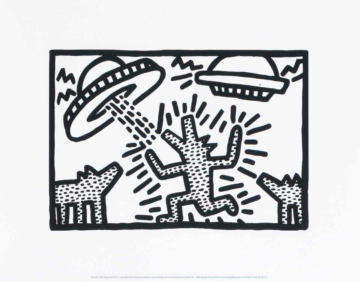 Lámina Keith Haring : Dogs with UFOs (1982) - Lámina
