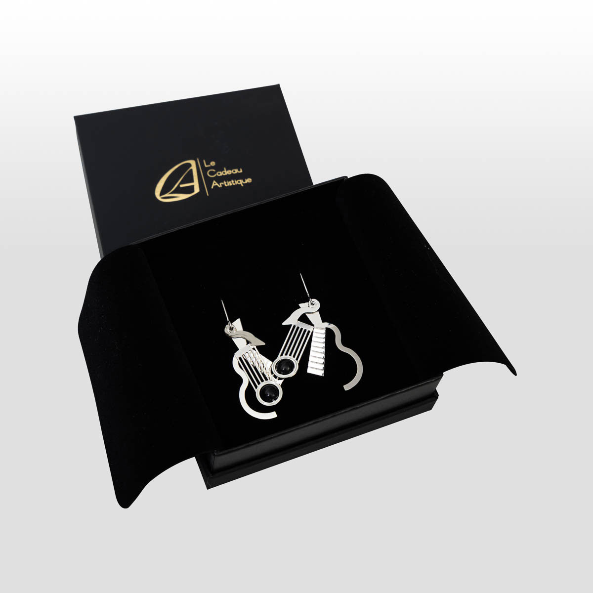 Cubist-inspired earrings: Guitar - silvery